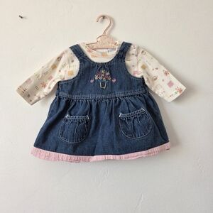 Vintage Miniwear Classics Baby Girl Dress Set Denim Floral Garden 3/6 Months